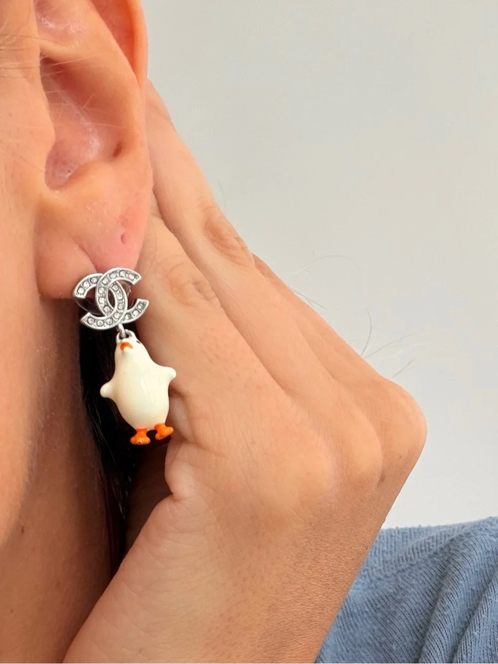 CHANEL White Enamel Chicken CC Drop Earrings with Orange Accents